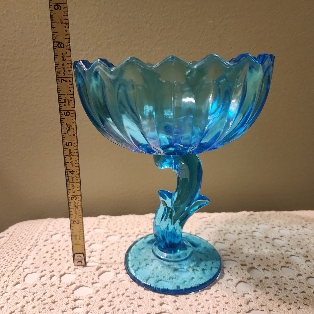 Indiana Glass Aqua Blue Footed Lotus Compote / Candy Dish - Picture 6 of 16